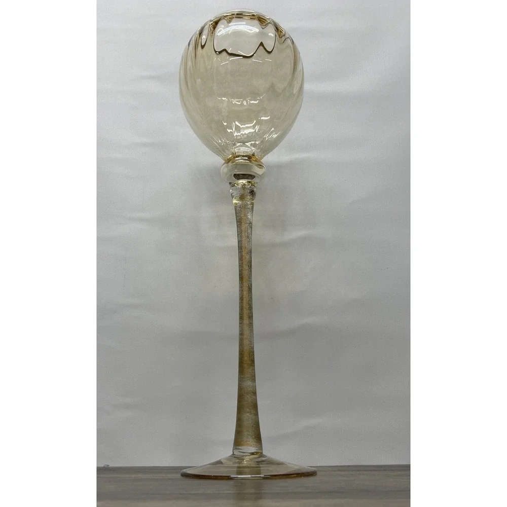 Vintage Amber Gold Art Glass Tall Stem Hurricane Candle Holder 19